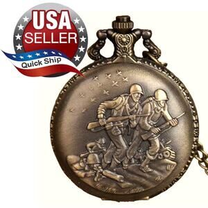 Bronze Quartz Pocket Watch Army Marine Military War Guns Tank • 31.5 Inch Chain